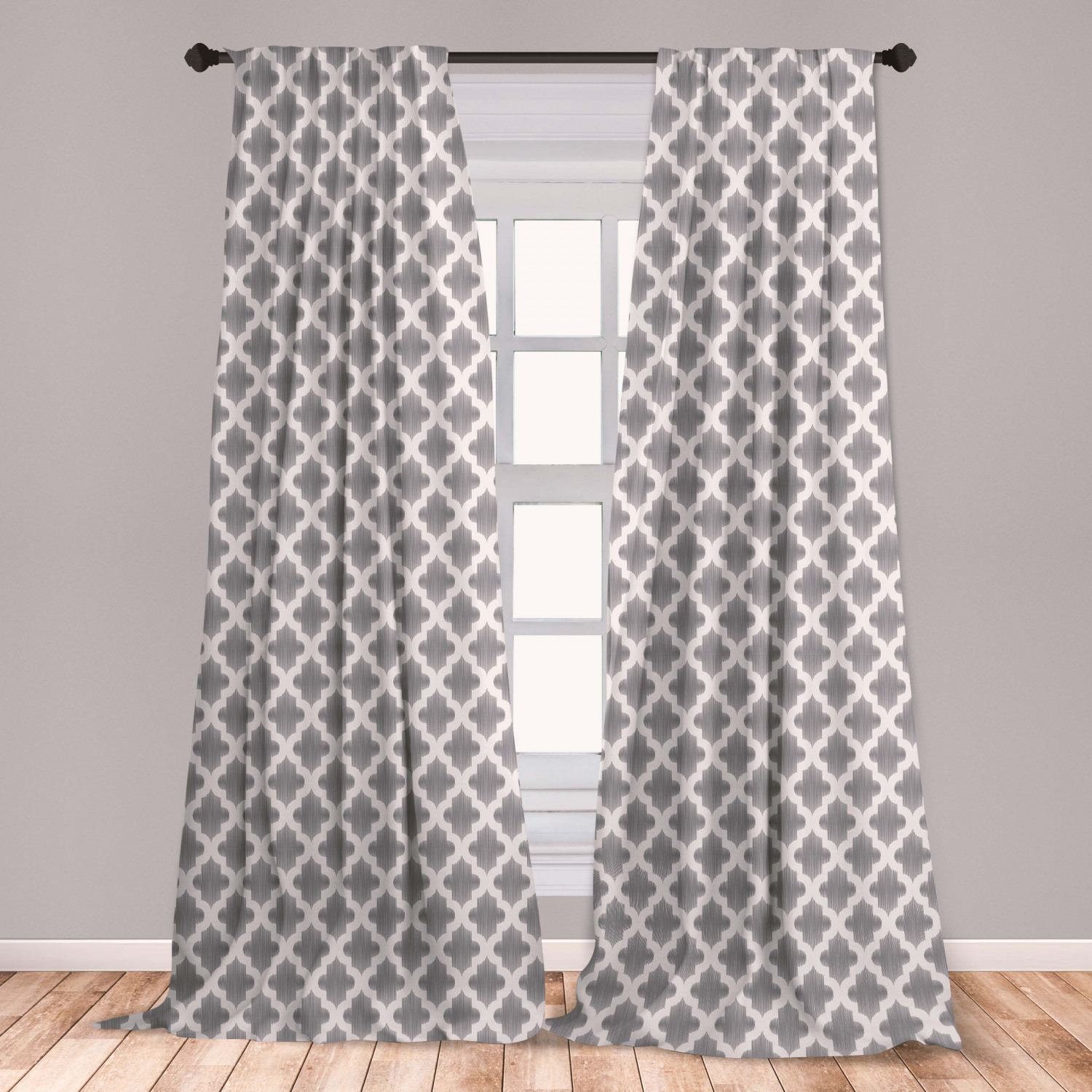 Grey and White Curtains 2 Panels Set, Damask Geometric Middle Eastern