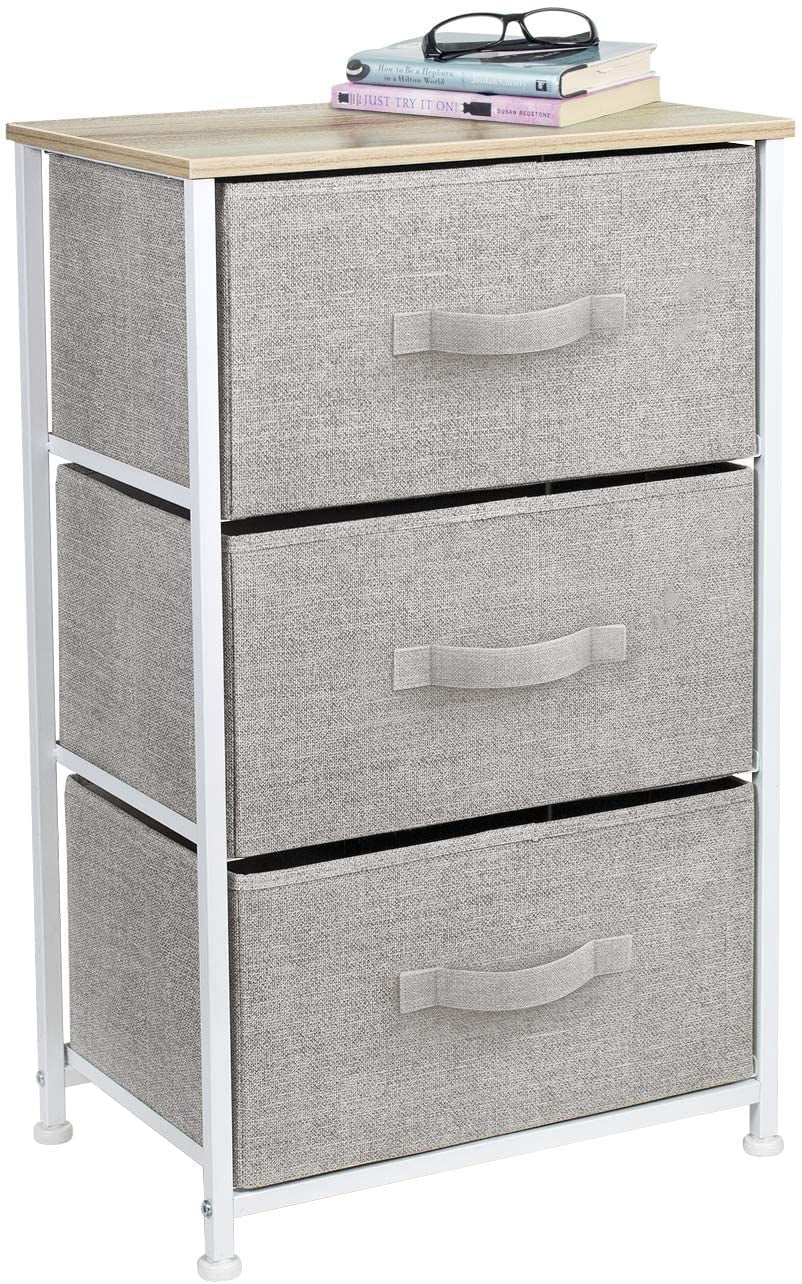 Sorbus Nightstand Storage Tower 3‑Drawer, Fabric Bins, Steel Frame, Wood Top, Beige