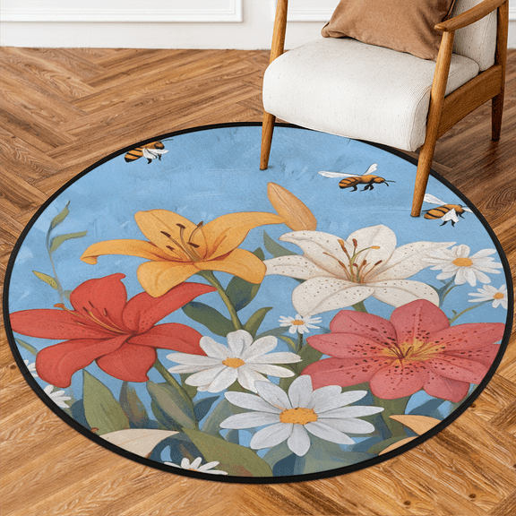 CURLYOOT Round Rug 3ft Colorful Floral Aesthetic Area Rug, Washable Circle Mat Non Slip Floor Carpet Mat, Soft Indoor Rugs for Entryway Living Room Dining Room Bedroom