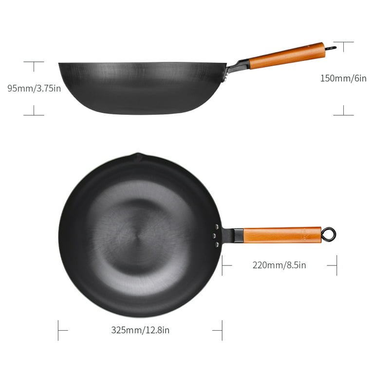 SKY LIGHT Natural Carbon Steel Wok Pan 12.5”, No Nonstick Coating Woks and  Stir Fry Pans, 100% No Chemical Traditional Chinese Iron Pot with Wooden  Handle, Flat Bottom for Seasoning All Stoves 