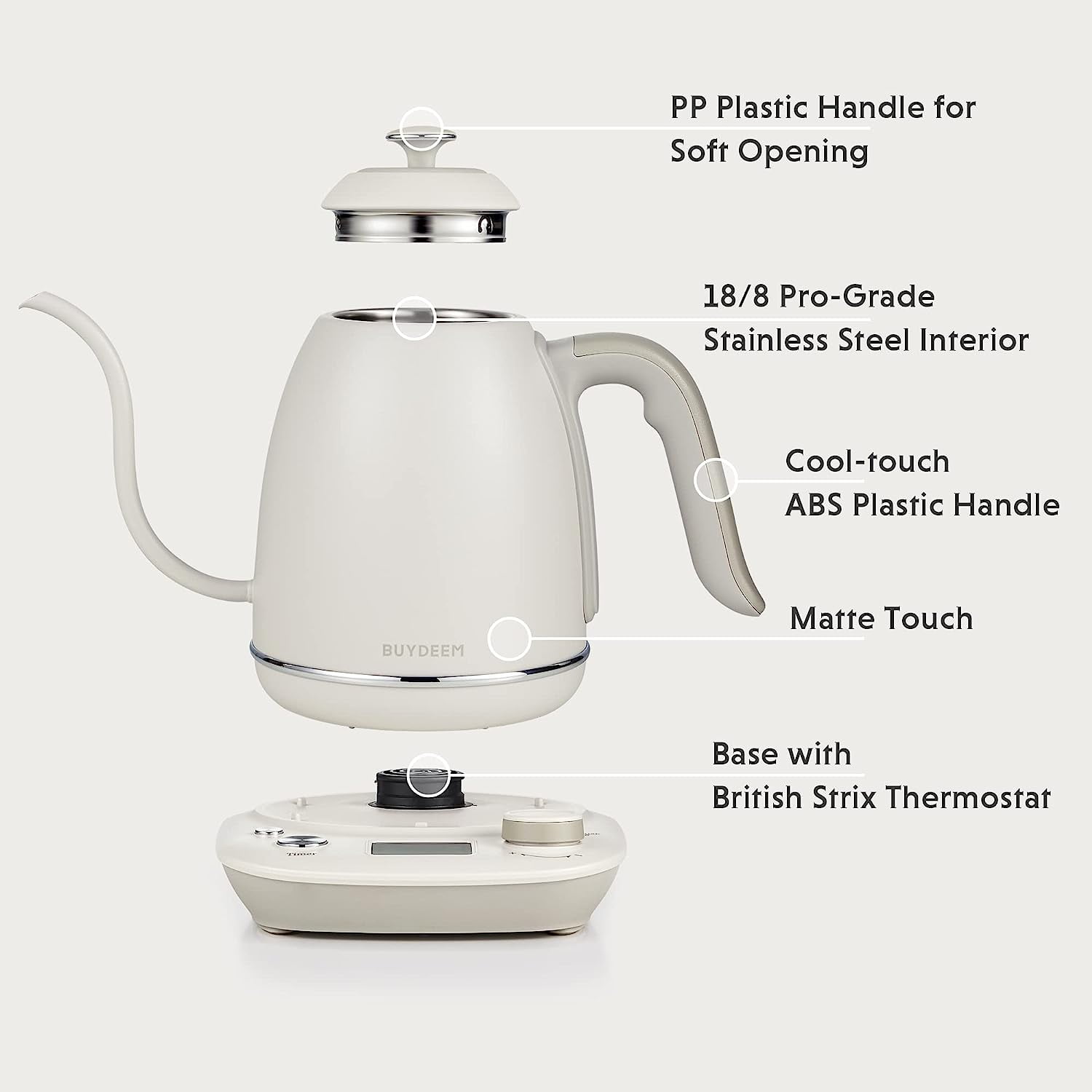 TUMIDY Electric Gooseneck Kettle Temperature Control 1L 8 Variable Presets  Pour over Coffee Kettle, 1500W Rapid Heating, Stainless Steel Inner, Auto