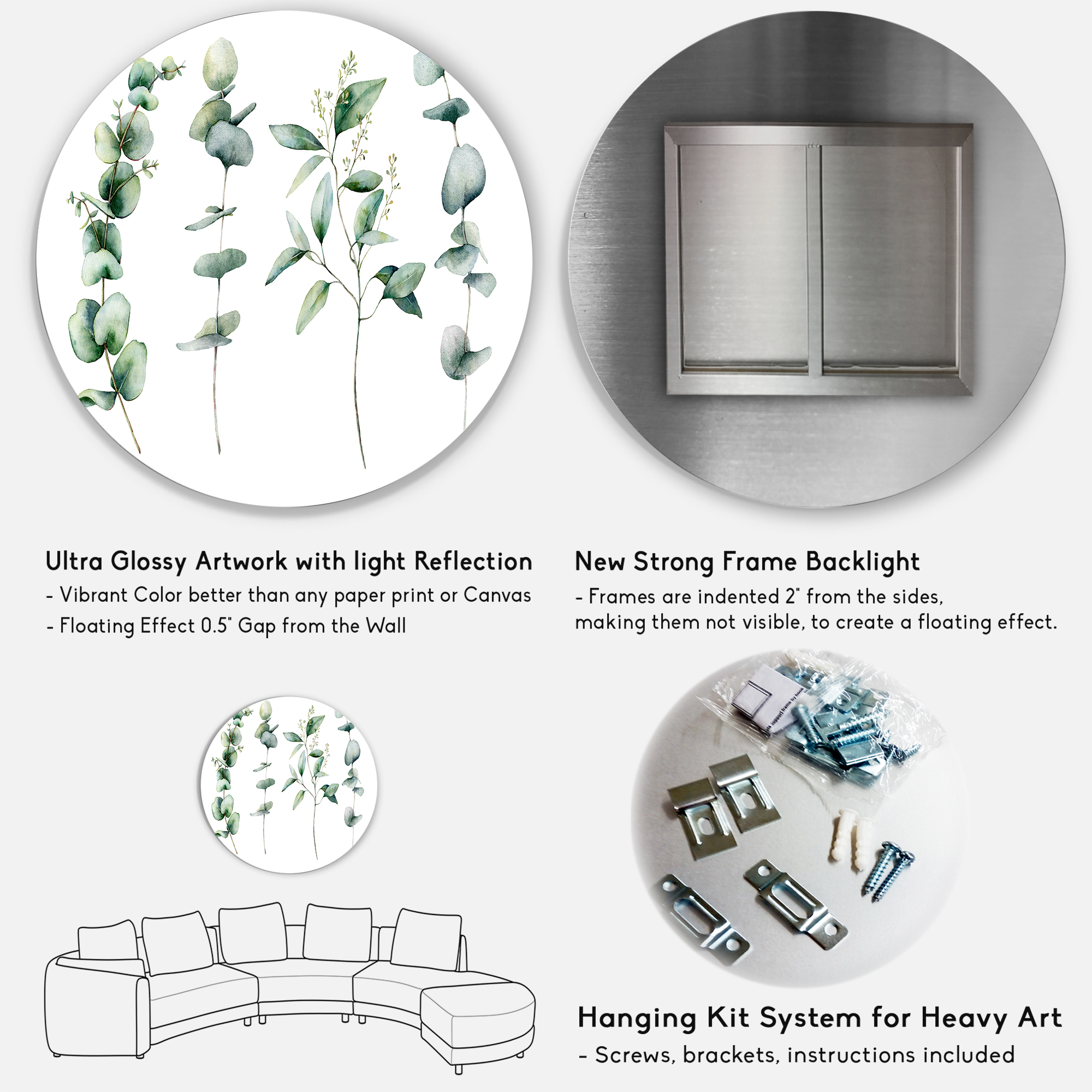Designart 'Green Eucalyptus Plant Branches I' Traditional Circle Metal Wall Art 29x29 - Disc of 29