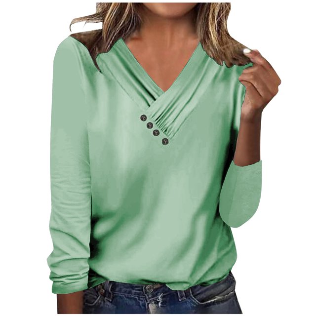 Wolfast T-shirt Uni Aguichant pour Femme à Boutons, Manches Longues, Chandail à Enfiler, Blouse à Col en V, Chemise Décontractée, Hauts Mode, Vert, G