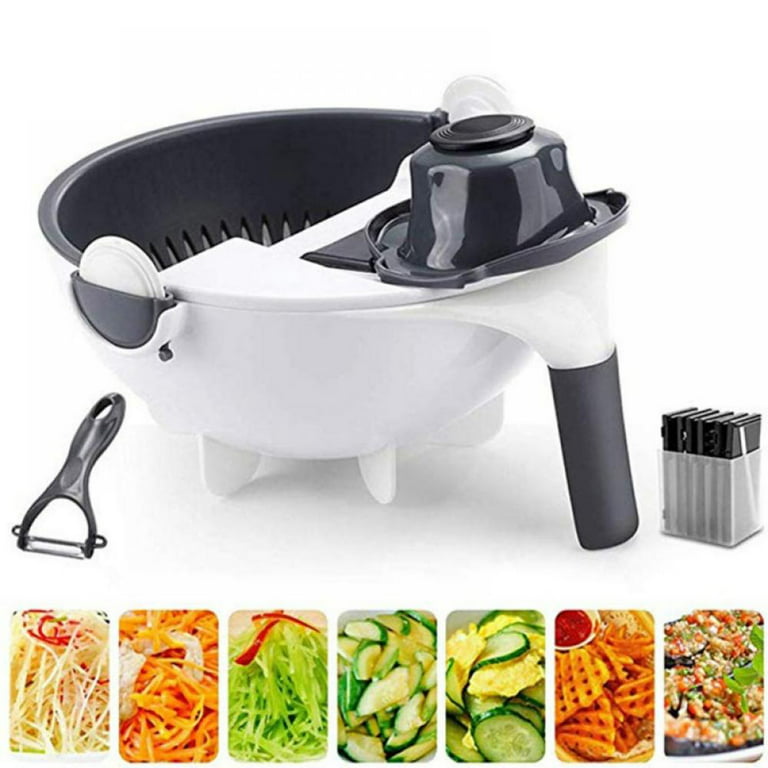 New 9 in 1 Multifunction Magic Rotate Vegetable Cutter with Drain Basket  Large Capacity Vegetables Chopper Veggie Shredder Grater Portable Slicer  Kitchen Tool with 8 Dicing Blades 