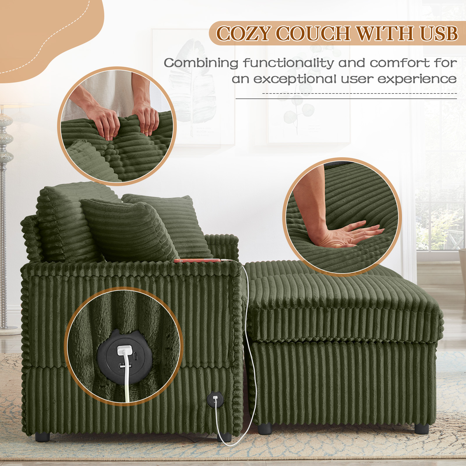 Muumblus Loveseat Sectional Sofa with 2 Storage Ottomans, Modular Cloud Couch with 2 Side Tables & USB, Plush Double Chaise Lounge Sofa Bed Indoor, Green Corduroy