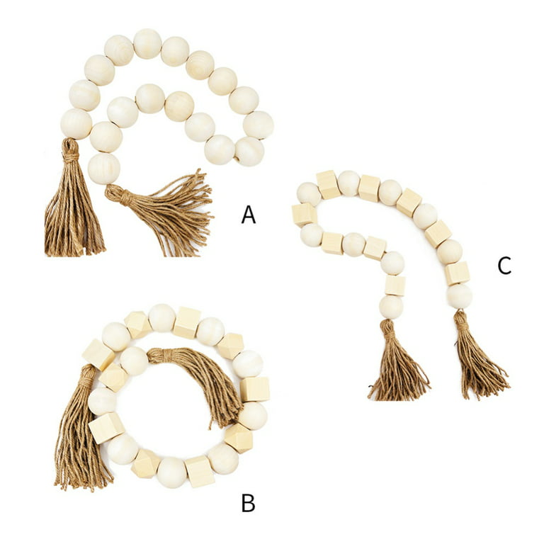 Large Wood Bead Garland White with 1.6 Diameter Wooden Beads and Tassels,  37.4 Long Rustic Farmhouse Country Wood Beads Garland for Home Tiered Tray  Decor, Decorative Beads Garland 