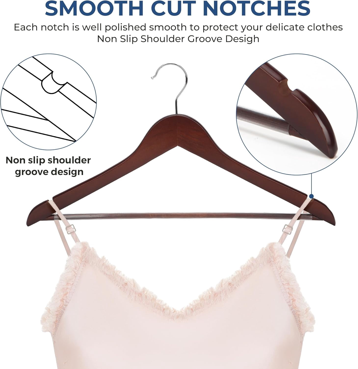 Wooden Coat Hangers,  Wood Suit Hangers with Non Slip Pant Bar - Extra Smooth and Splinter Free Walnut Finish Wooden Suit Hangers for Closet Organization