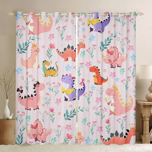 Manfei Kids Kawaii Dinosaur Black Out Curtains, Rustic Flower Plant Curtains Pack of 2 (42x63 Each), Pink Cute Cartoon Bedroom Curtains, Curtains and Drapes Bedroom Decor