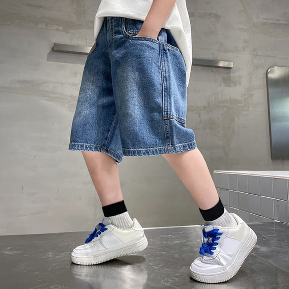UACY Y2K Style Denim Jorts for Teen Boys, Baggy Loose Fit Jean Shorts with Elastic Waist Retro Pull On Casual (Blue, 13-14 Years)