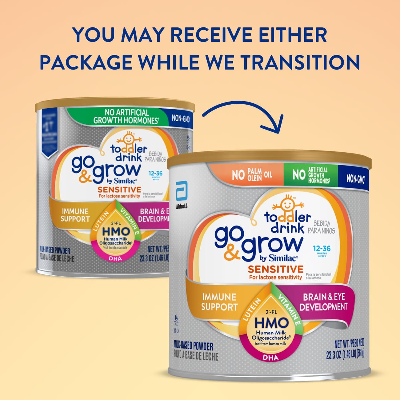 Go & Grow by Similac Sensitive Toddler Drink for Lactose Sensitivity, with 2’-FL HMO for Immune Support and 23 Key Nutrients to Help Balance Toddler Nutrition, Non-GMO Milk-Based Powder, 23.3-oz Can