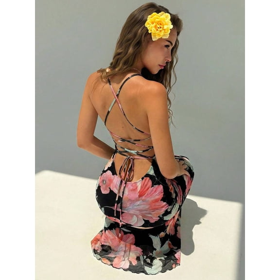Elegant Floral Print Backless Maxi Dress for Women – Summer Beach Vacation Outfit, Boho Tropical Party Dress