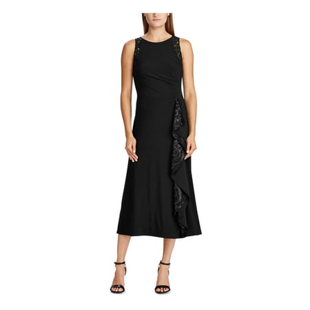 RALPH LAUREN Womens Black Sleeveless Tea-Length Evening Dress Petites 2P