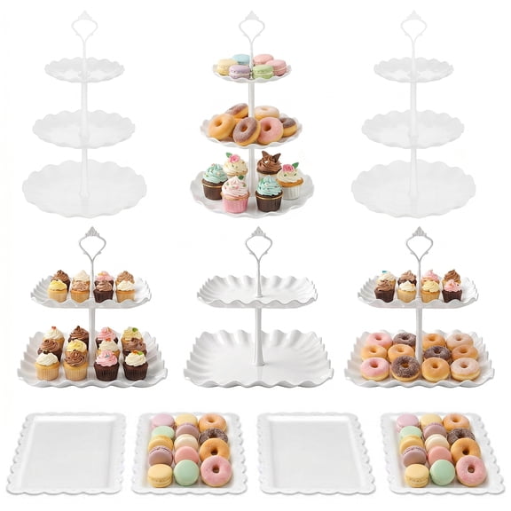 Behome 10Pcs Cupcake Stand, Cake Stand with Handle, 3 Two-Tier Square Stands, 3 Three-Tier Round Stands and 4 Serving Trays, Plastic Dessert Table Stand Set for Birthday, Tea Party, Wedding, Baby Sho