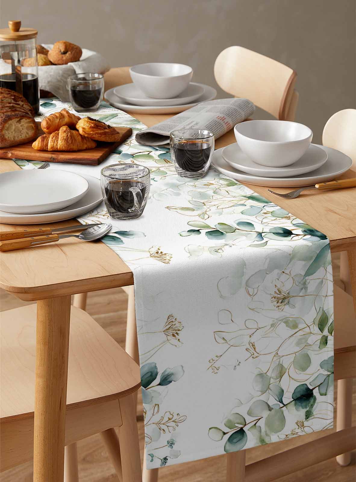 Eucalyptus Leaves Table Runner 70 Inches, Watercolor Sage Green Golden Floral Bed Runner Dresser Scarves Tabletop for Indoor Outdoor Parties/Ceremony/Banquet, 13" x 70"