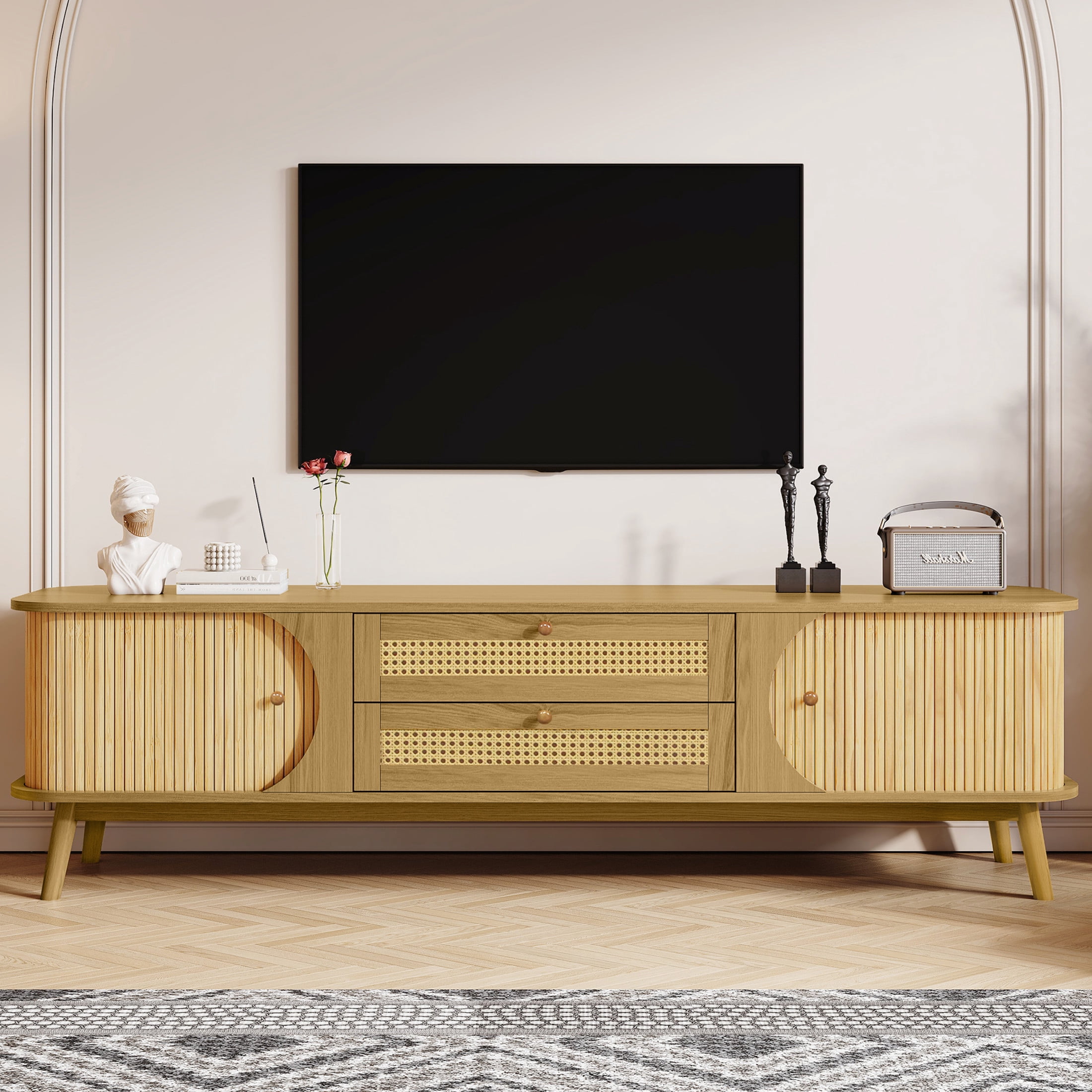 Noble House Rattan TV Stand for TVs up to 75 Inch with Storage Cabinets and Drawers, Natural