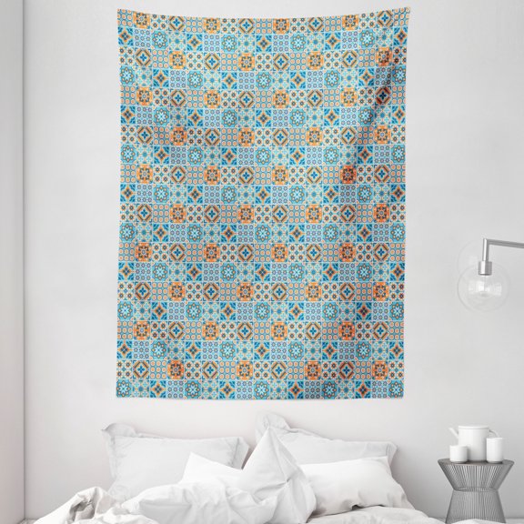 Moroccan Tapestry, Various Different Flower Design Graphic Ornament Pattern Arabesque, Wall Hanging for Bedroom Living Room Dorm Decor, 60W X 80L Inches, Pale and Dark Blue Orange, by Ambesonne