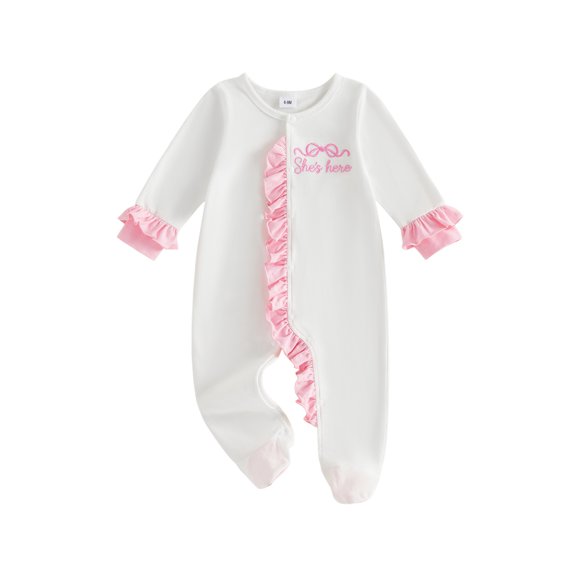 Cjfdfy Newborn Baby Girl Footed Fall Clothes She's Here Embroidery Footed Romper Long Sleeve Fall Bow Ruffle Jumpsuit Infant Cute Coming Home Fall Winter Outfit