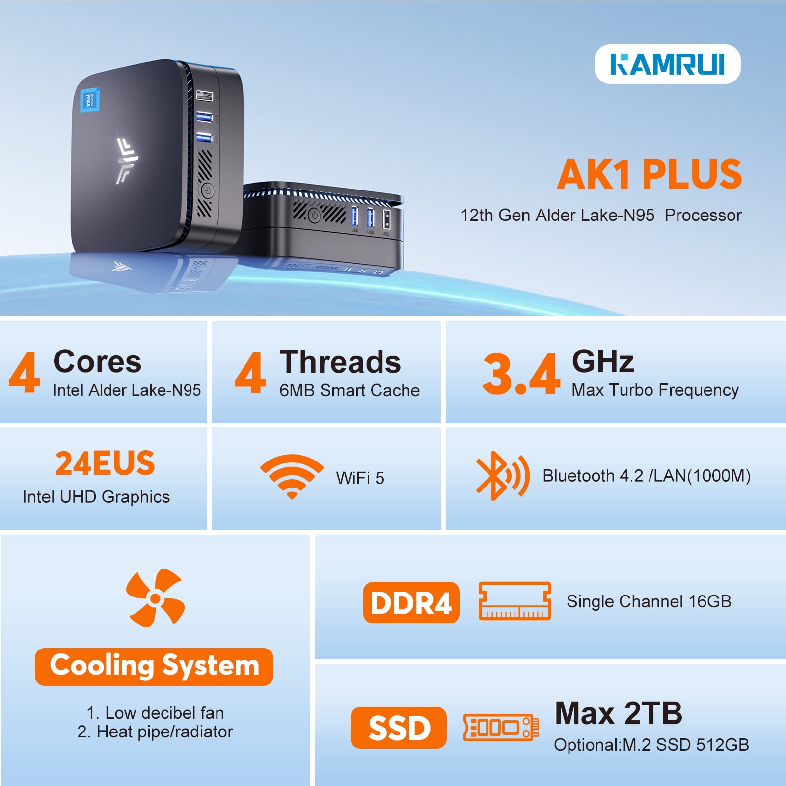 KAMRUI AK1PLUS Mini PC 16GB RAM、Intel12番目のAlder Lake N95 (最大3.4 GHz) Mini Computer Windows 11 Pro、Small Desktop Computers Tower Support 4K Mini PC KAMRUI AK1&frasl;AK2Plus Intel N95&frasl;N100 DDR4 8&frasl;16GB 256&frasl;512GB SSD  Windows11Pro HDMI 4k@60Hz WIFI6&frasl;5 BT4.2&frasl;5.2 Desktop Computer