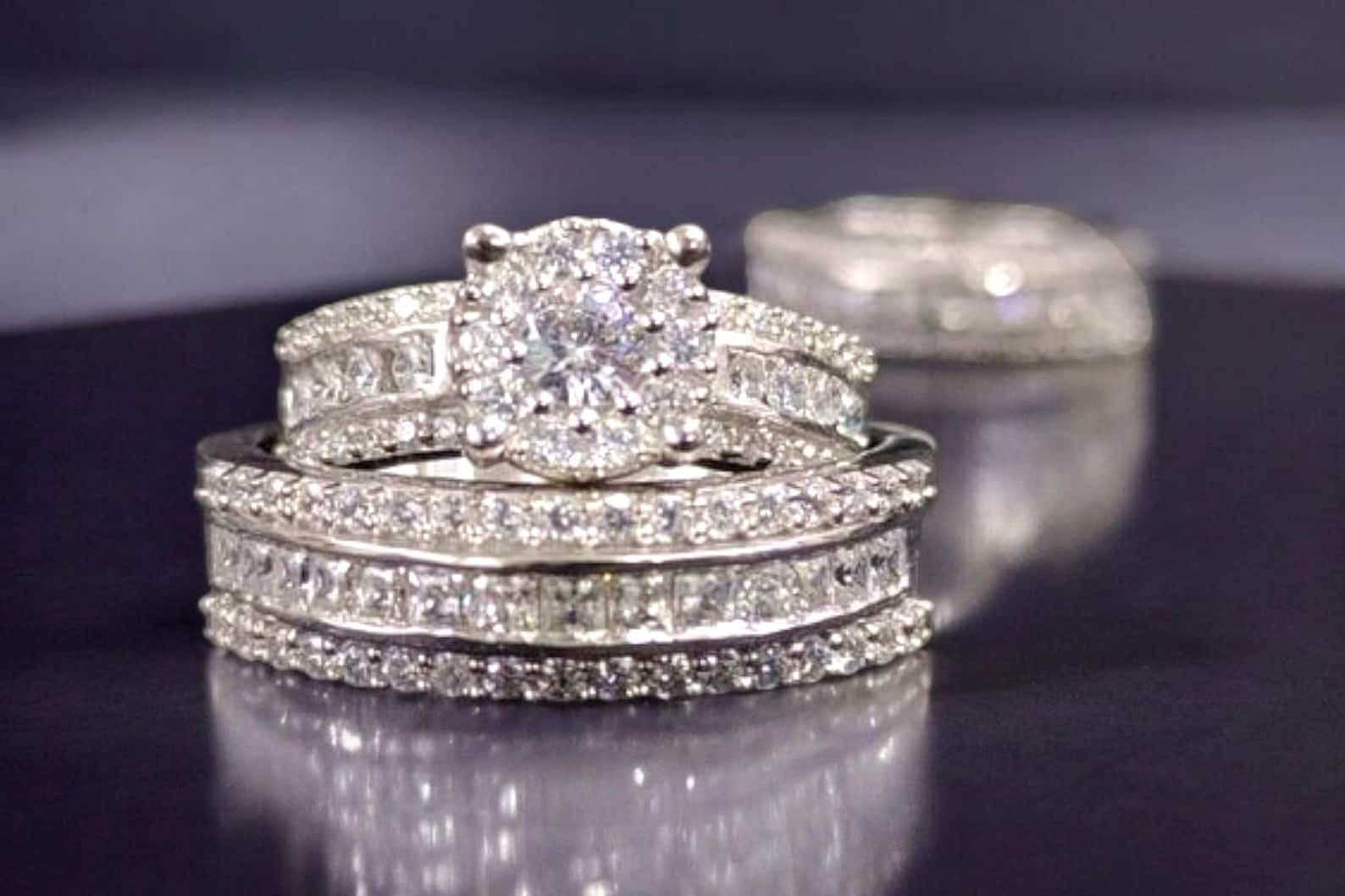 Hitanshu Jewels Engagement Wedding Ring Set For Men & Women Round Cut CZ 14K White Gold Finish