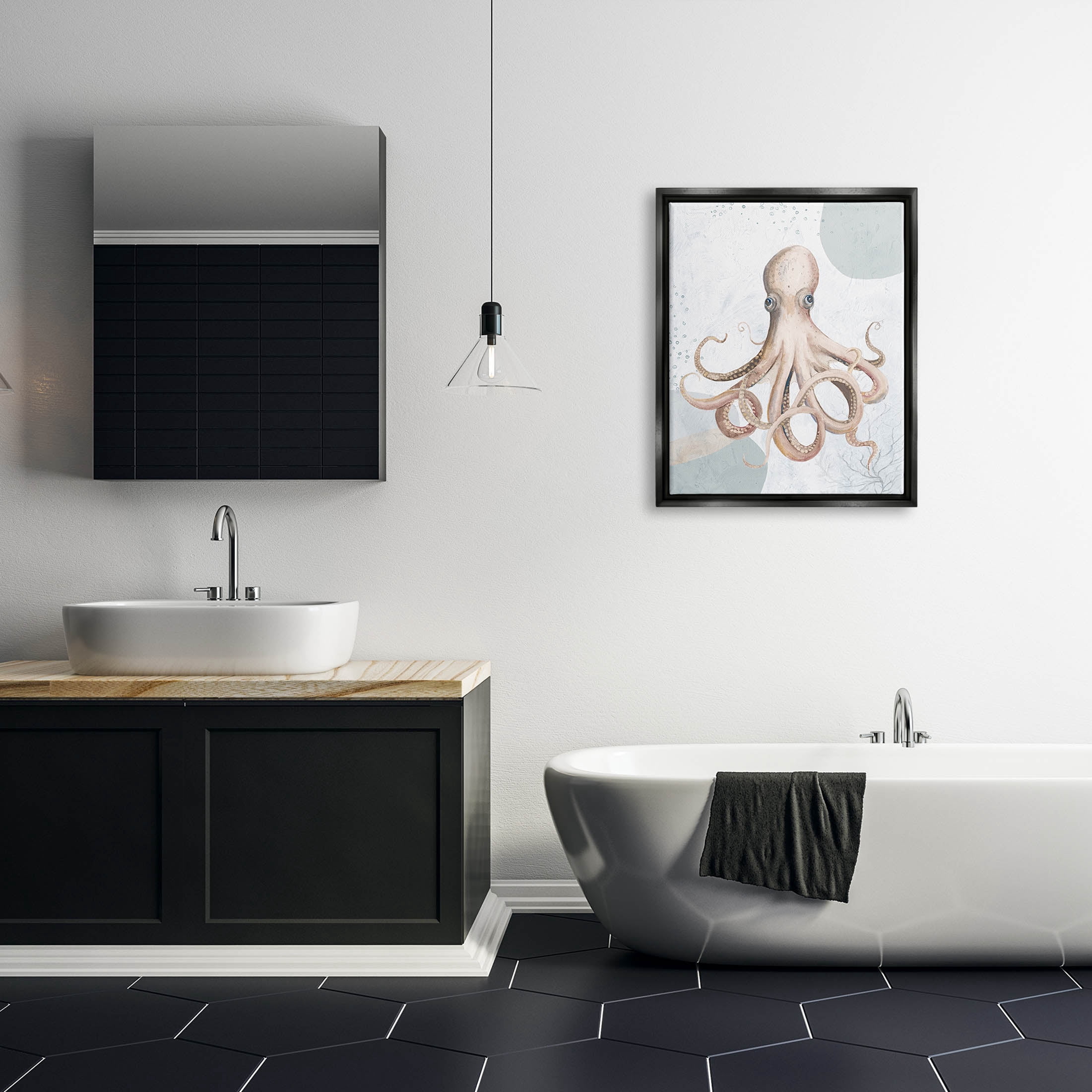 Stupell Industries Aquatic Octopus Sea Life Graphic Art Jet Black Floating Framed Canvas Print Wall Art, Design by Patricia Pinto