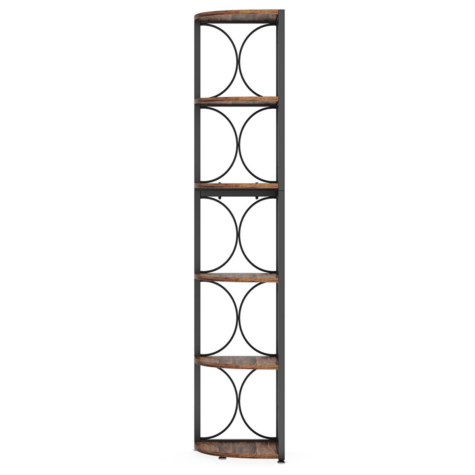 Demi Bonn 6 Tier Corner Bookshelf, Wood and Metal Bookcase Storage Organizer, 67" Talldustrial Display Standing Shelf Unit for Bedroom, Living Room, Brown