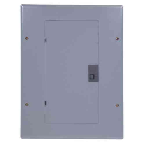 ge tl12412c centro de carga 125a 208y/120 12cts n1 panel eléctrico gris, vista frontal centrada con puerta metálica y manija rectangular, bisagra a la izquierda y cuatro tornillos de montaje visibles; diseñado para 125 A y distribución de circuitos en áreas de servicio, a menudo usado para montaje en cuartos de servicio.