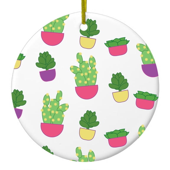 DistinctInk Hanging Ceramic Christmass Tree Ornament with Gold String - Great Gift / Present - 2 3/4 inch diameter - Succulents / Cacti