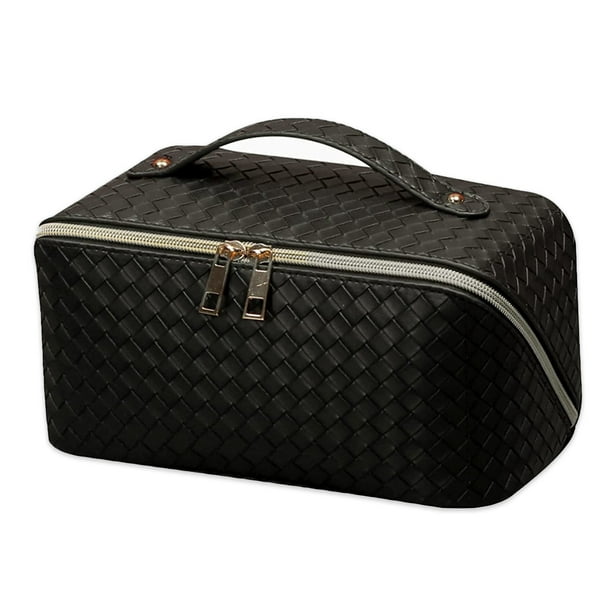 Bolsa de viaje para cosméticos para mujer, bolsa de maquillaje plana que se abre, bolsa de cuero para cosméticos, impermeable, bolsa de viaje multifuncional para artículos de tocador