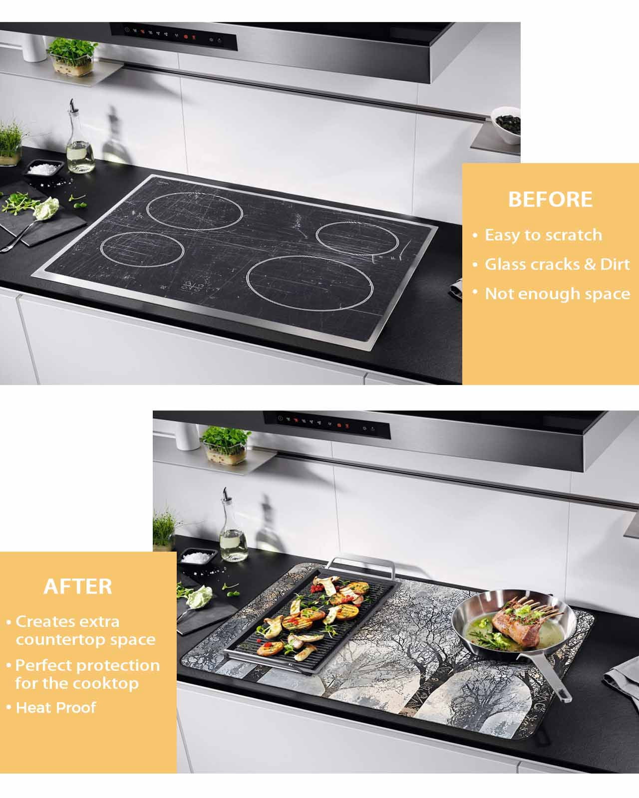 nqOlkjepod Large Induction Cooktop Protector Mat 24"x21", Black Grey Forest Stove Top Covers for Electric Stove, Vintage Watercolor Tree Tunk Stove Burner Cover Mats, Glass Top Stove Cover