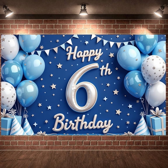 Blue Silver Theme Happy 6th Birthday Banner Starry Design 6th Birthday Display Glitter Balloons Silver Number Decor Kids Birthday Backdrop for 6th Birthday Party Kids Celebration Indoor Decoration