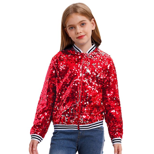 Yanarno Veste à Paillettes pour Filles, Veste Bomber à Paillettes pour Enfants à Fermeture Éclair, Manches Longues, Hip-Hop, Danse, Performance, Rouge 14