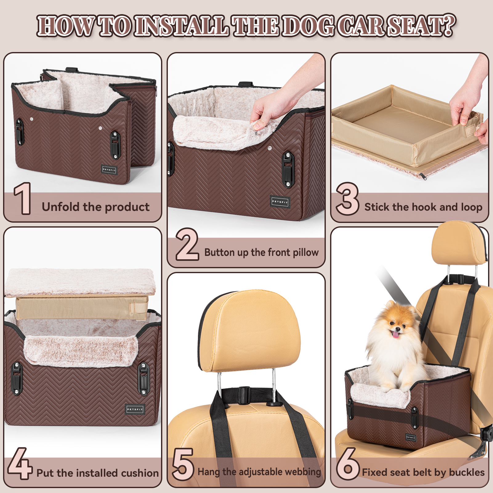 PETSFIT Car Seat for Dogs, Waterproof PU Leather Dog Car Seat for Small Dogs with Patent Safe Buckles, Clip-On Leash, Pet Travel Carrier Bed for Small Pets Up to 25lbs ，Brown