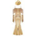 thumbnail image 4 of TiaoBug Kids Girls Off Shoulder Fringe Jumpsuit Disco Outfit for Retro Themed 70s Party & Stage Performance Gold 16, 4 of 7