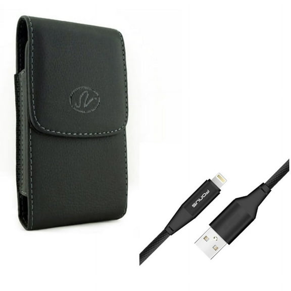 Charger Cord 6ft USB Cable w Leather Case Belt Clip for #model_series - Power Wire Braided Long Sync and Holster Cover Pouch Vertical Carry