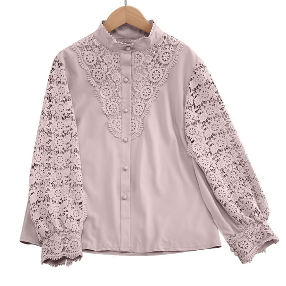 Ladies Summer Tops Elegant Lace Solid Color Casual Long Sleeve Button Down Crew-neck Pink Casual Work Tops S-2XL
