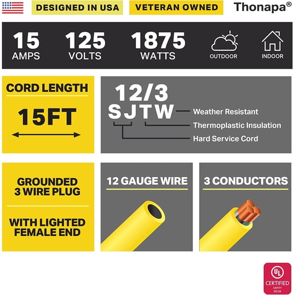 TG4THT-Lighted Outdoor Extension Cord 15 ft - 12 Gauge 15 Amp Heavy Duty Power Extension Cords - SJTW - Great for Major Appliances, Power Tools, Garden Supplies - Yellow