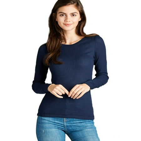 Tan Basic Tee - Made by Olivia Women's Plain Basic Round Crew Neck Thermal Long Sleeves T Shirt Top Navy Blue M