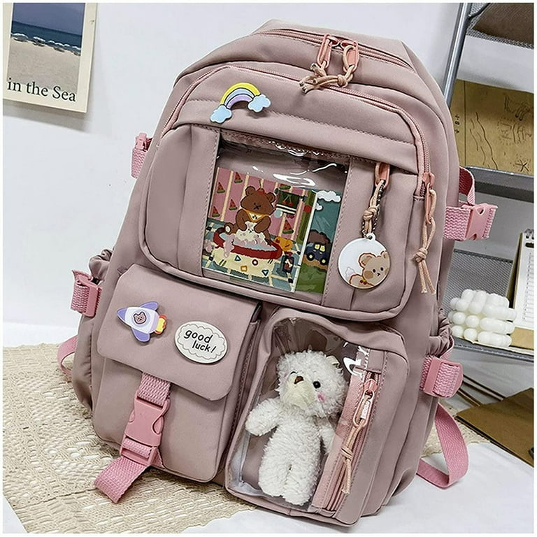 Preppy Backpack with Pins and Plushies Cute Kawaii Preppy Backpack with  Accessories Hemp Zipper Aesthetic Backpack Supplies (Blue)