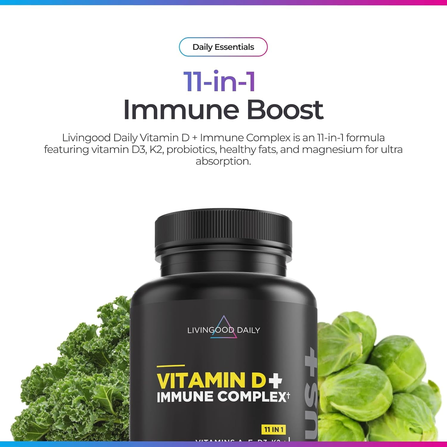 Livingood Daily Vitamin D3 4000 IU (100 mcg) + K2 Supplement w/ Zinc, Magnesium & Vitamins A & E, 60 Capsules for Immune and Bone Health
