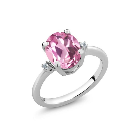 Gem Stone King 925 Sterling Silver Light Pink Created Sapphire and White Topaz Women Ring (2.94 Cttw, Oval 10X8MM, Available in Size 5,6,7,8,9)