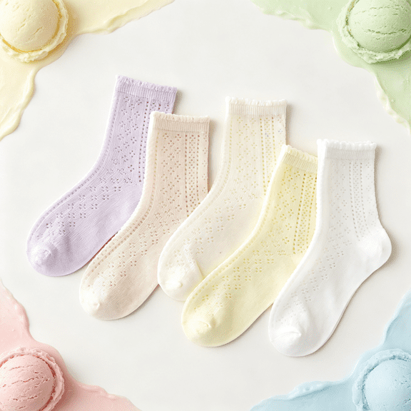 Kids Girls Cotton Crew Socks 5-Pack Breathable Mesh Knit Multicolor,Size 6 T