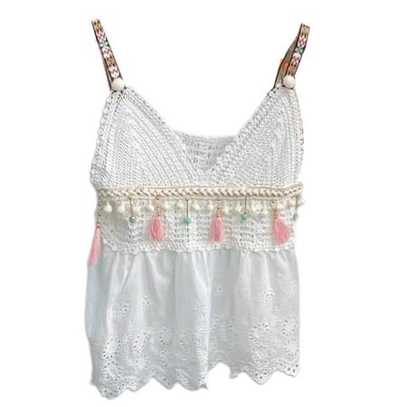 

TINYSOME Women Boho Tassels Patchwork Camisole Embroidery Spaghetti Strap V-Neck Peplum for Tank Top Crochet Knit Lace Hem Beach