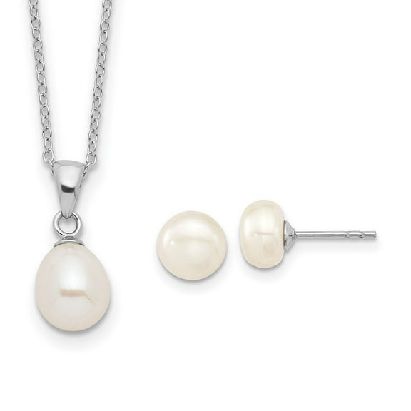 925 Sterling Silver Polished Post Lobster Claw Closure Freshwater Cultured Pearl Necklace and Stud Ear Set - Jewelry Set