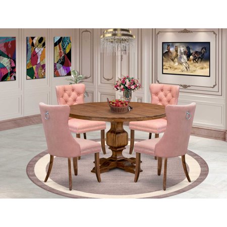 Luxe by East West Furniture I3DA5-50N-23 5-Pc Mid Century Modern Dining Set Include a Round Table and 4 Beige Red Faux Leather Chairs with Button-Tufted Back Antique Walnut