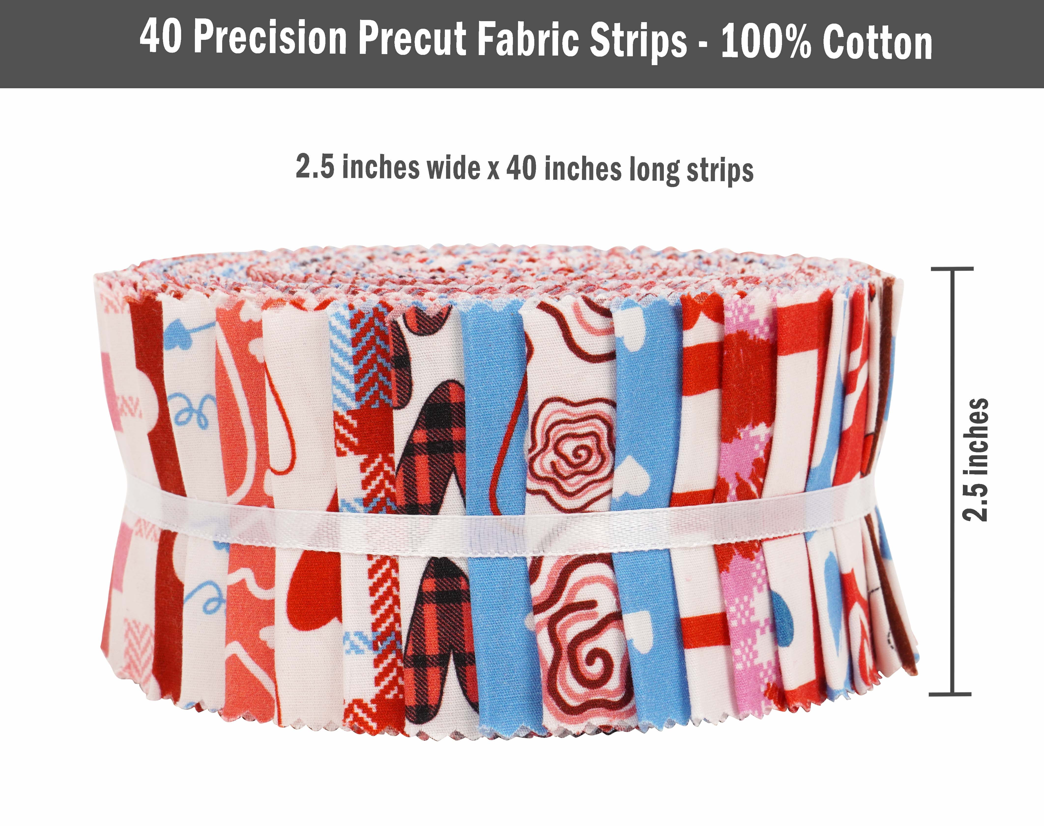 Soimoi 40Pcs Valentine Print Cotton Precut Fabrics For Quilting Craft Strips 2.5x42 inches Jelly Roll - Pink-White-Blue & Red