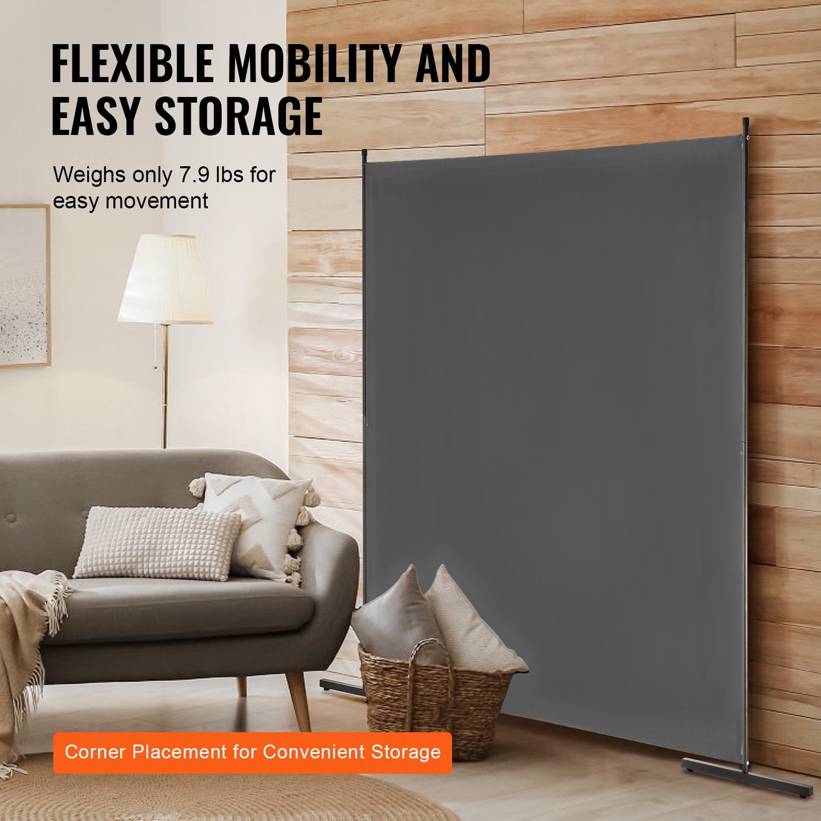 KFFKFF 6FT Room Divider, One-Panel Fabric Privacy Barrier, Segregation Partition for Rooms,  Workspace, Sleeping Area, Grey