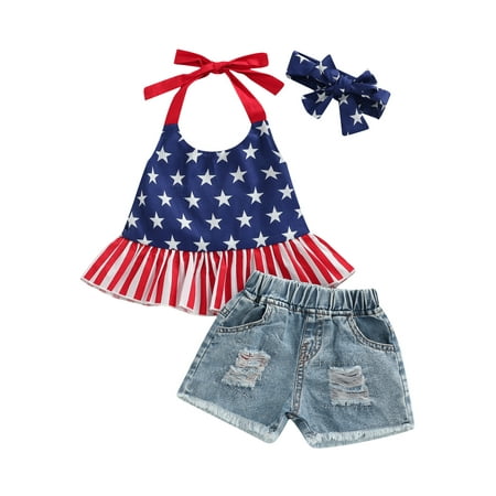 

TheFound Toddler Baby Girl 4th of July Outfits USA Flag Print Sleeveless Halter Ruffle Top + Denim Shorts 2Pcs Clothes