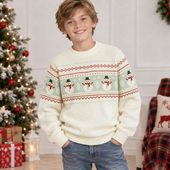Boys Christmas Fall Winter Crew Neck Pullover Sweaters with Funny Christmas Creative Patterns (Beige)