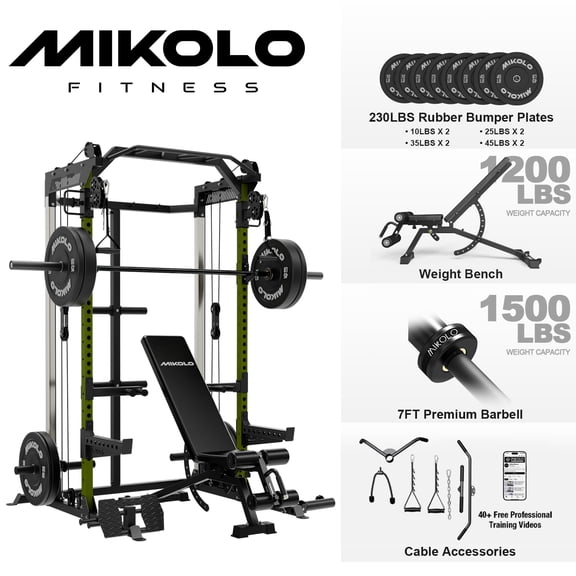 Mikolo Power Cage with Green, Squat Rack With Dual Pulley Cable Crossover System, Multifunction Home Gym Workout Machine with Weight Bench, Barbell and 230LB Weight Plates