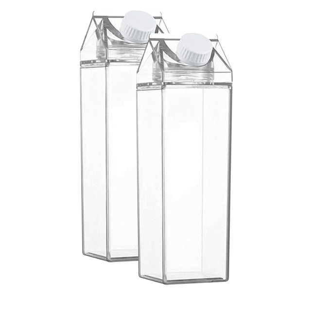 Charlodey Transparent Milk Carton Container 17/35oz Reusable Juice Container for Fridge Leakproof Water Bottle with Lids for Drink Storage Home and kitchen, 2x Milk Bottle (500ML)